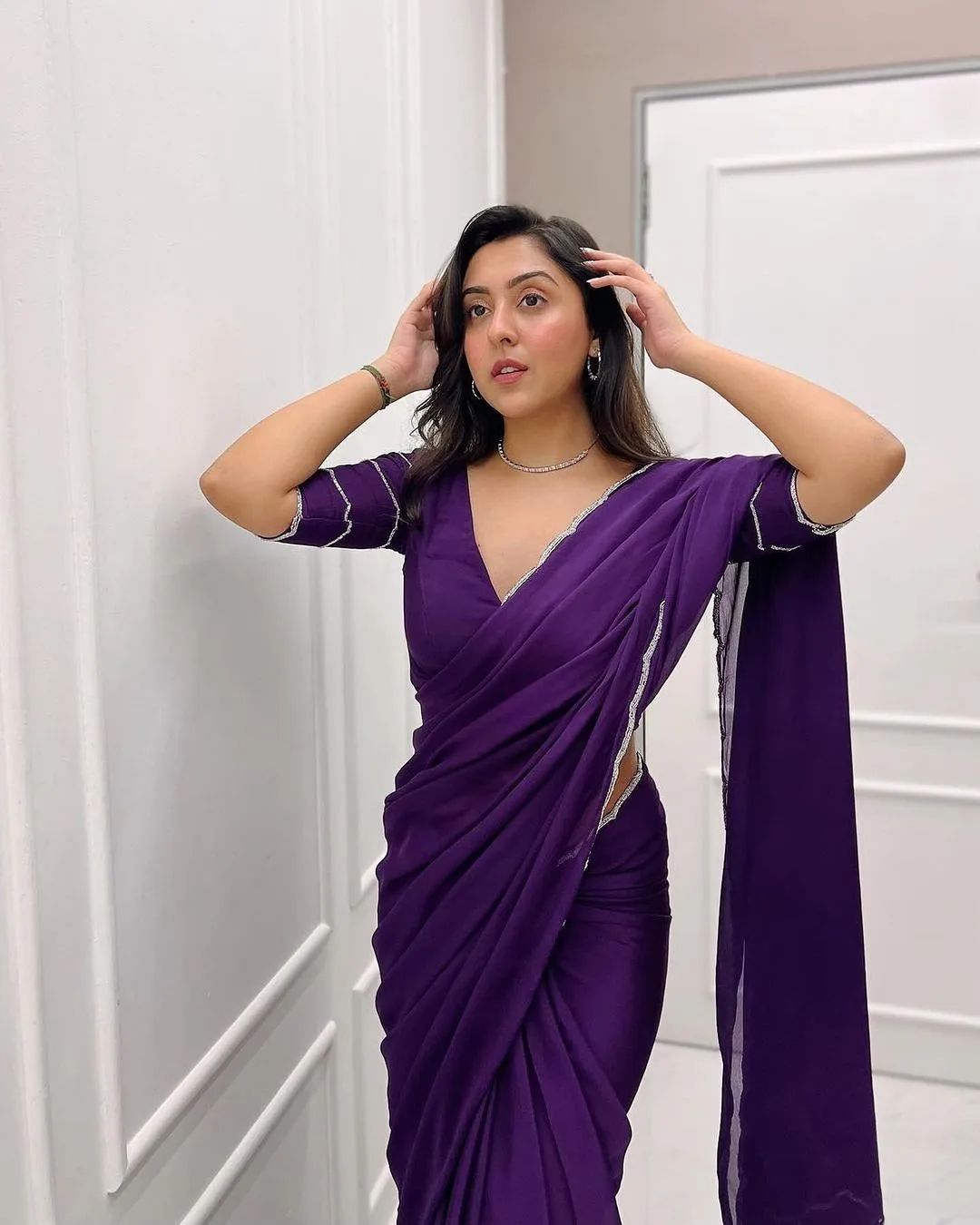 One Minute Ready To Wear Exquisite Purple Pure Soft Georgette Silk Saree with Stitch Blouse