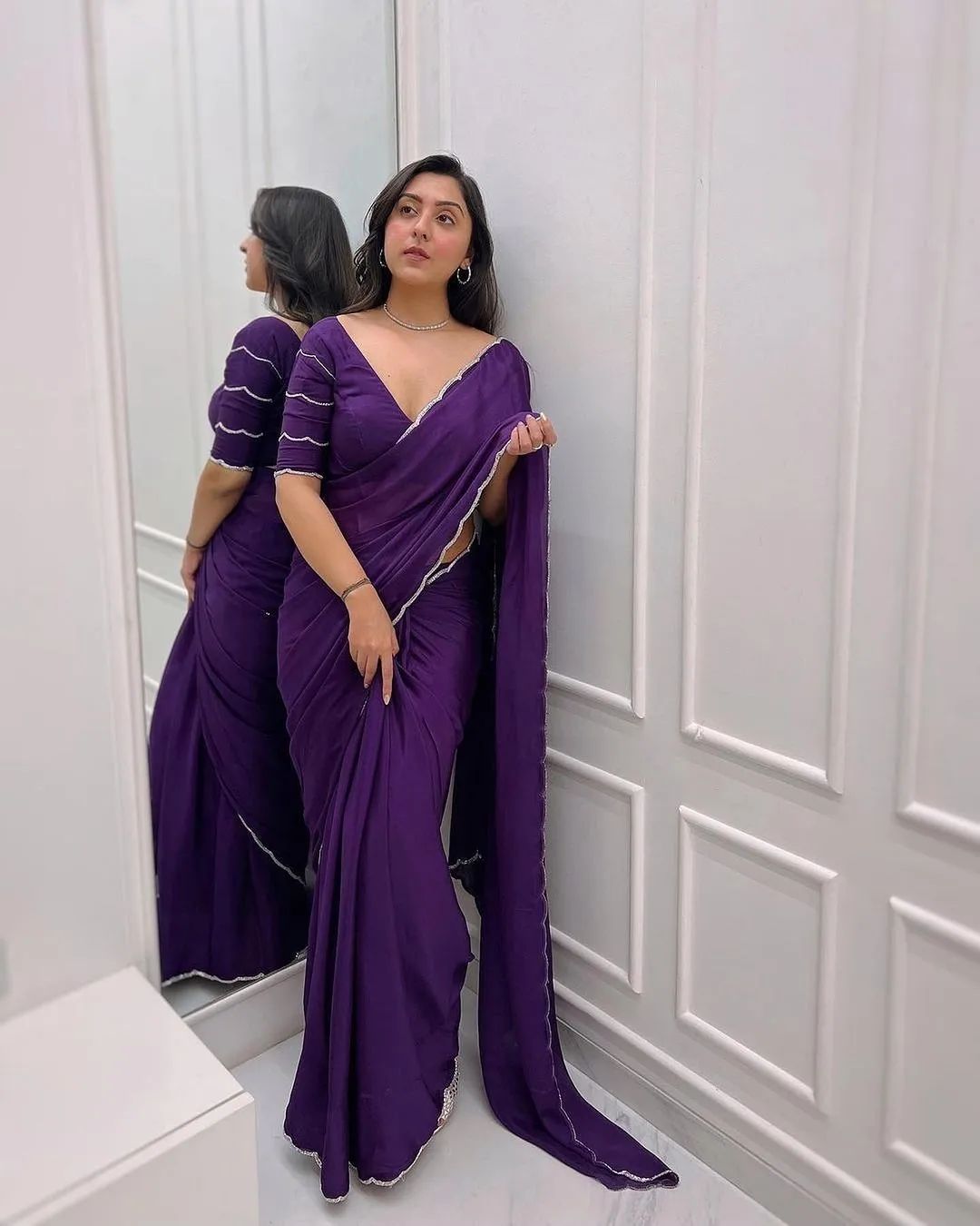 One Minute Ready To Wear Exquisite Purple Pure Soft Georgette Silk Saree with Stitch Blouse