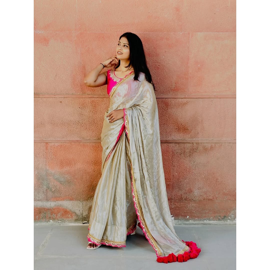 New Beautiful pure Erode silk saree exquisitely adorned with delicate pink embroidery lace border Saree with unstitch Blouse