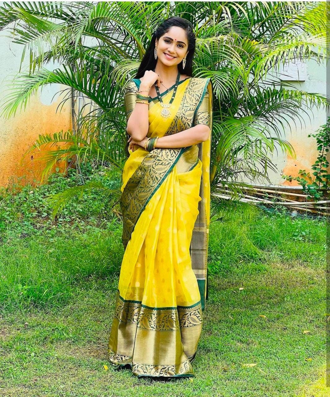 Fancy New Yellow And Green Jequard Print Saree Neeva Fashion