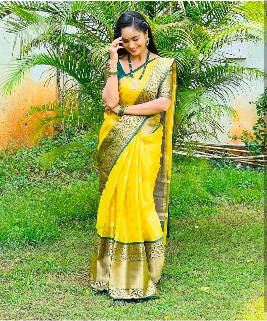 Fancy New Yellow And Green Jequard Print Saree Neeva Fashion