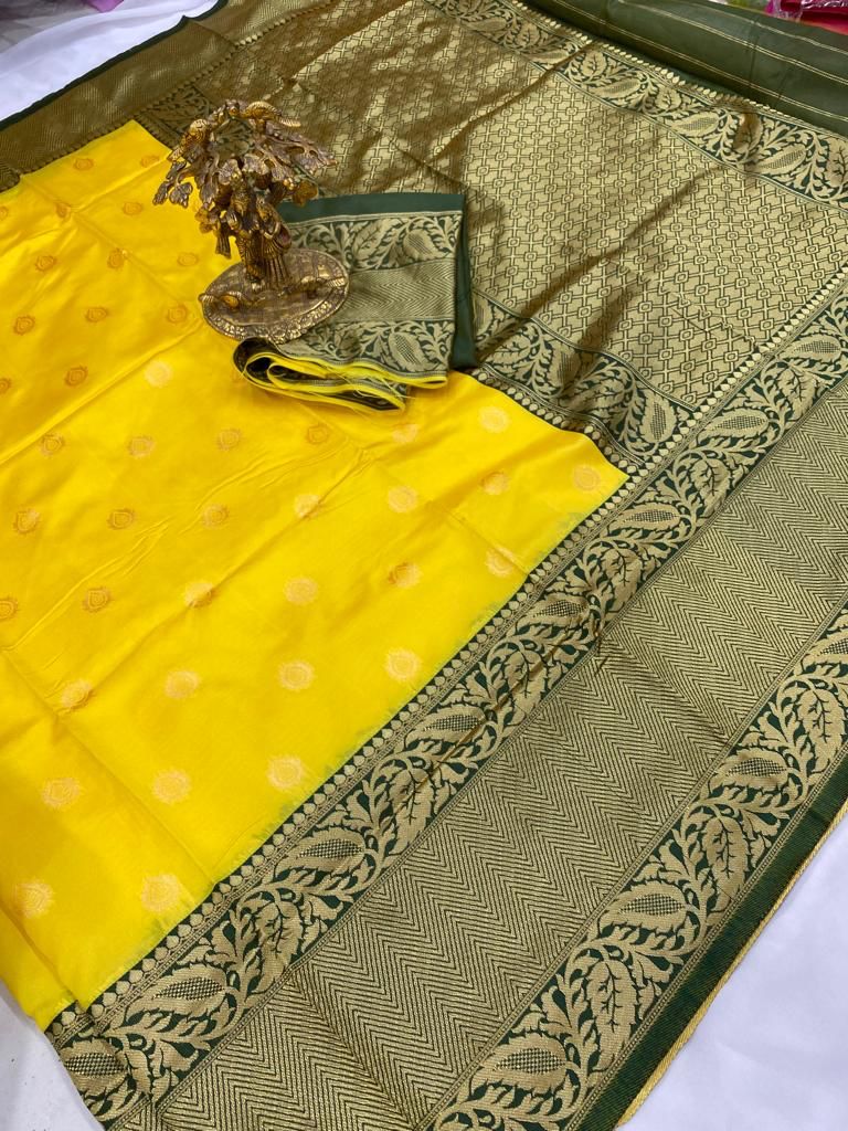 Fancy New Yellow And Green Jequard Print Saree Neeva Fashion