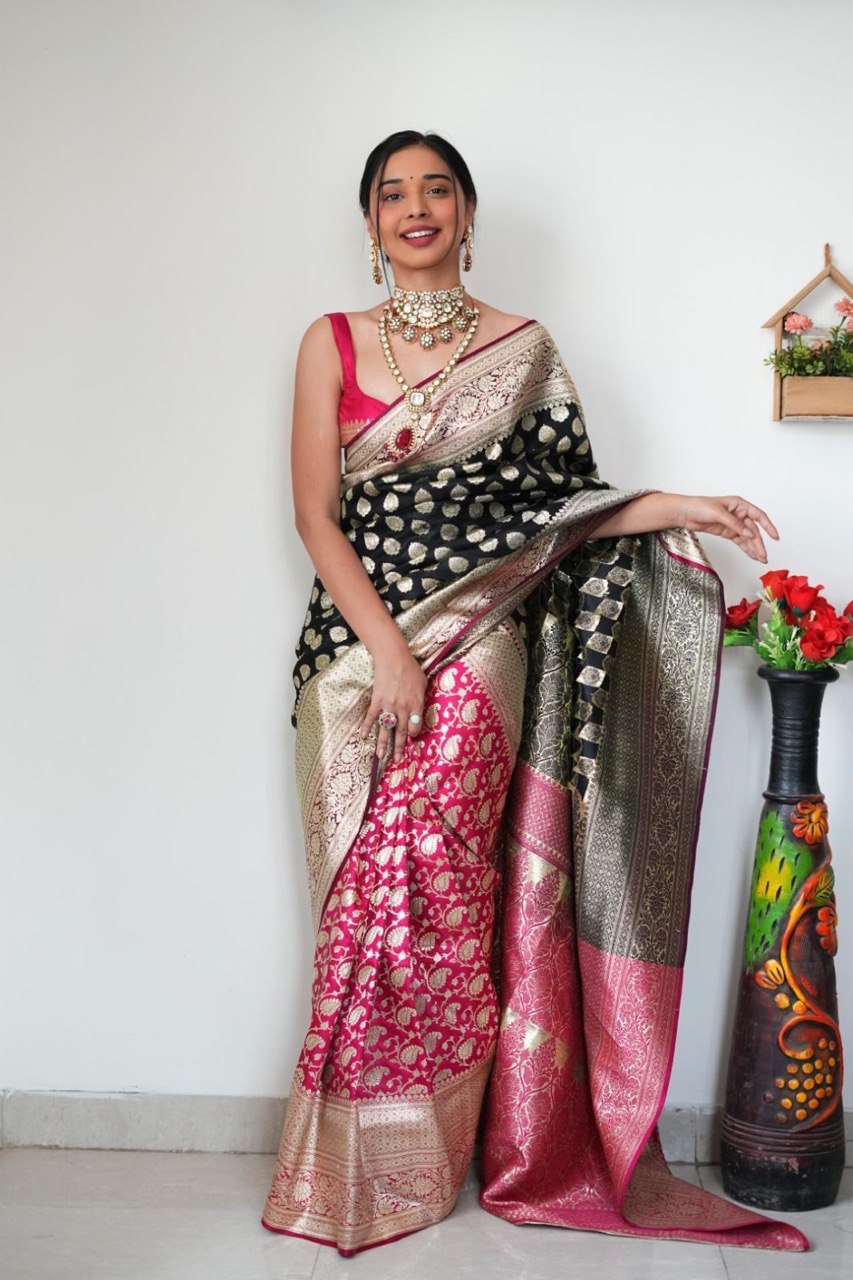 One Minute Ready To Wear NoirPink EleganceBanarasi Silk Saree