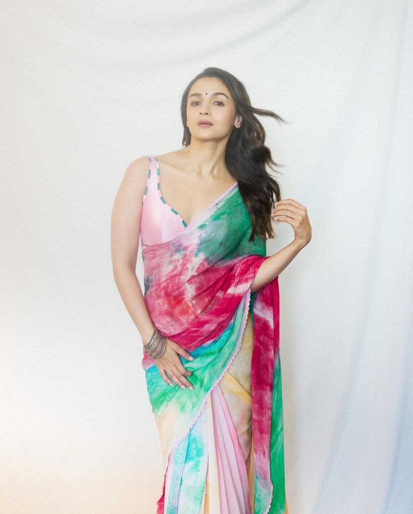 Fancy Alia Bhatt Fam Gorgeous Multicolour Georgette Saree Divashree