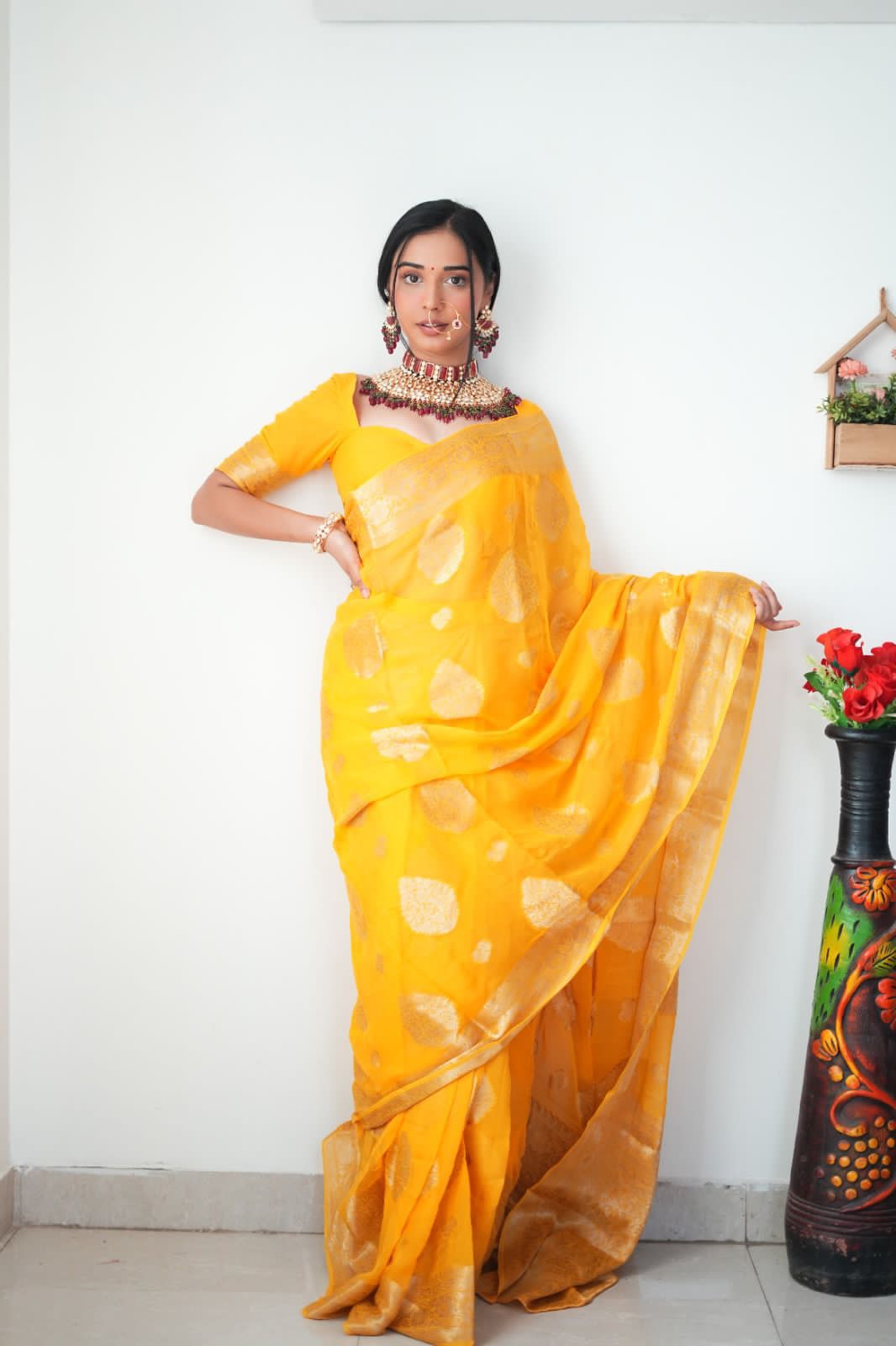 One Minute Ready To Wear pure soft cotton silk all-over jari patta design stunning jacquard border Saree