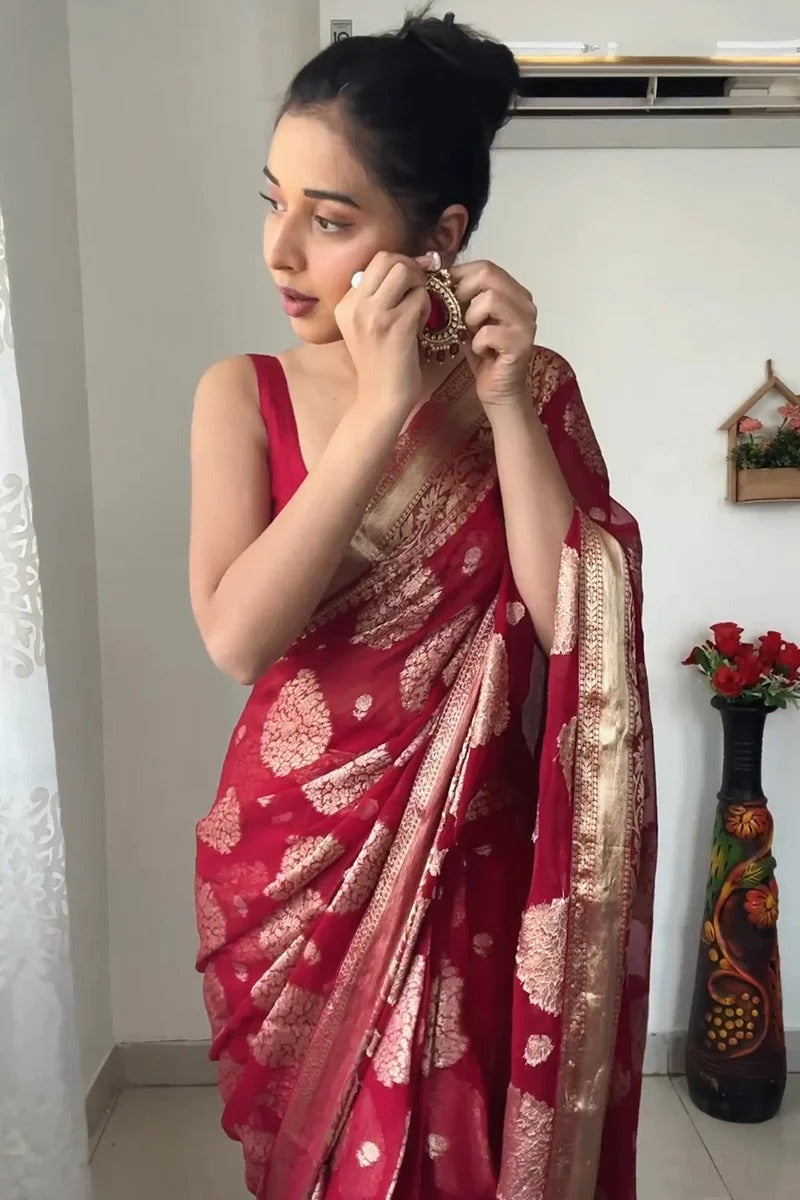 One Minute Ready To Wear Ruby Radiance Pure Soft Banarasi Silk Saree