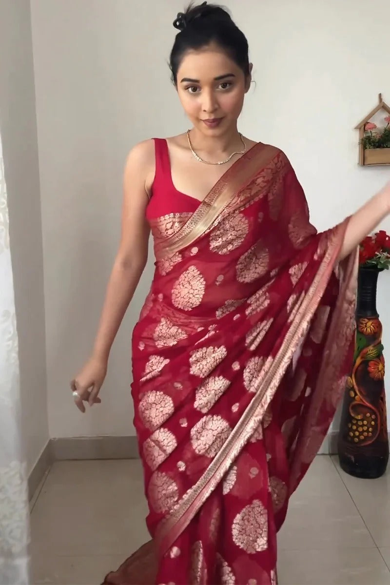 One Minute Ready To Wear Ruby Radiance Pure Soft Banarasi Silk Saree