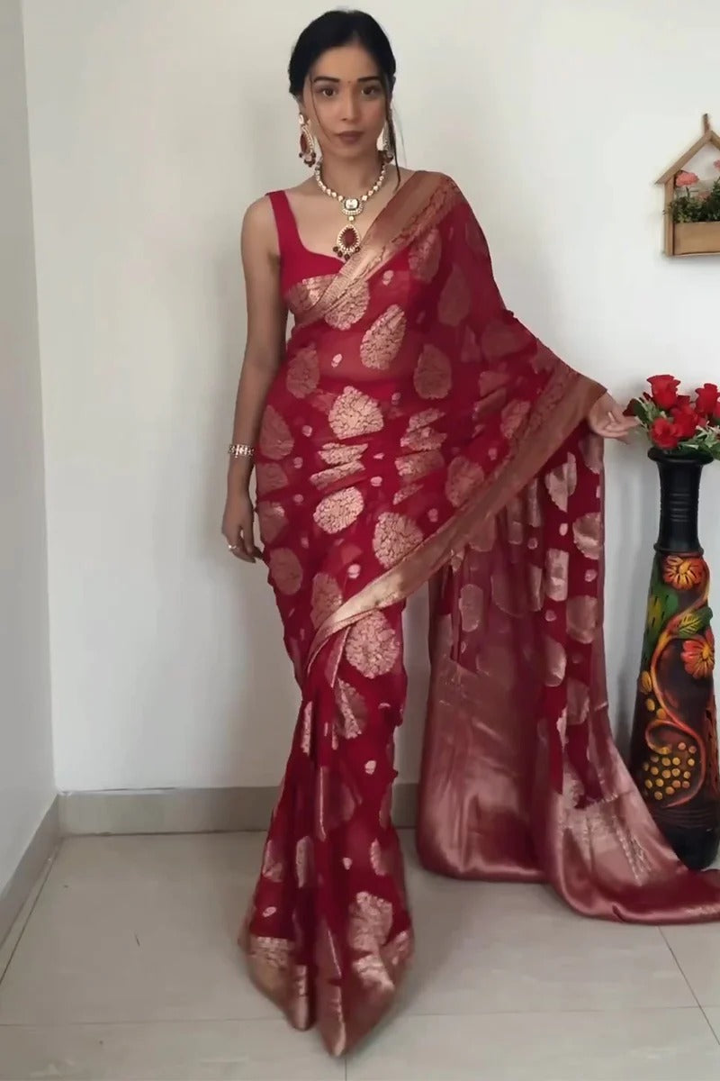 One Minute Ready To Wear Ruby Radiance Pure Soft Banarasi Silk Saree