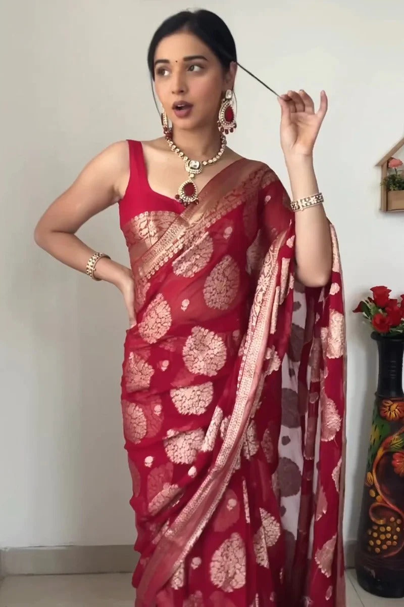 One Minute Ready To Wear Ruby Radiance Pure Soft Banarasi Silk Saree