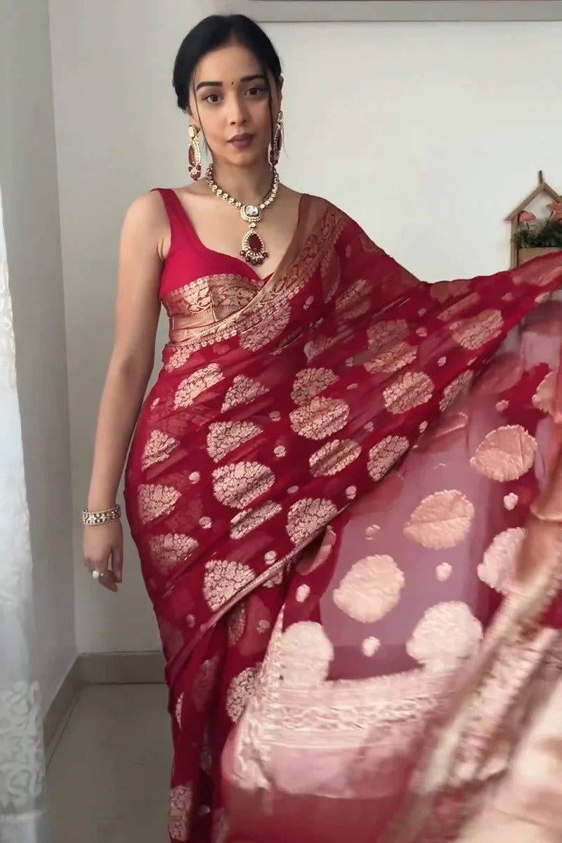 One Minute Ready To Wear Ruby Radiance Pure Soft Banarasi Silk Saree