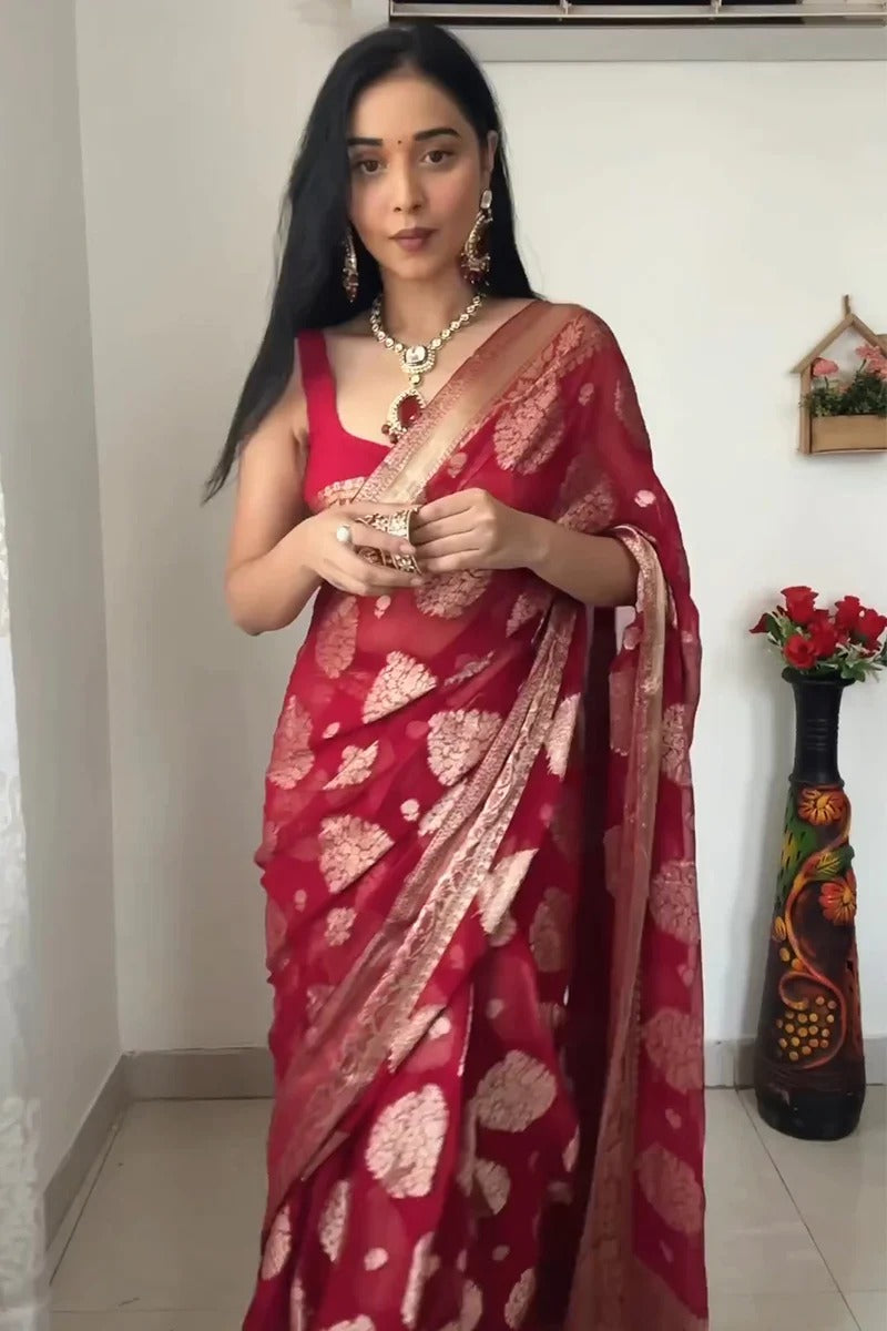 One Minute Ready To Wear Ruby Radiance Pure Soft Banarasi Silk Saree