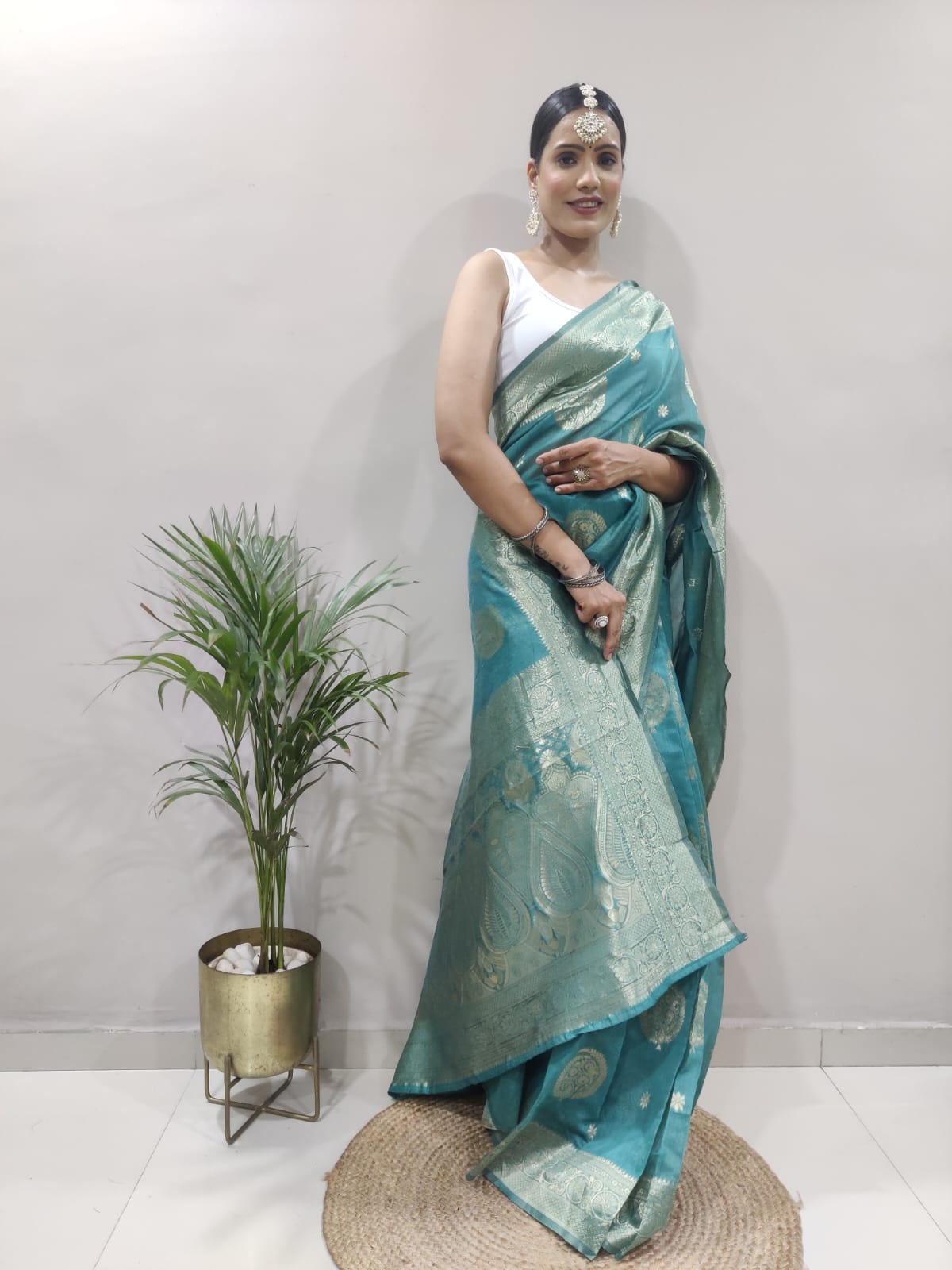 One Minute Ready To Wear Cobalt Sari Floral Banarasi Silk Saree