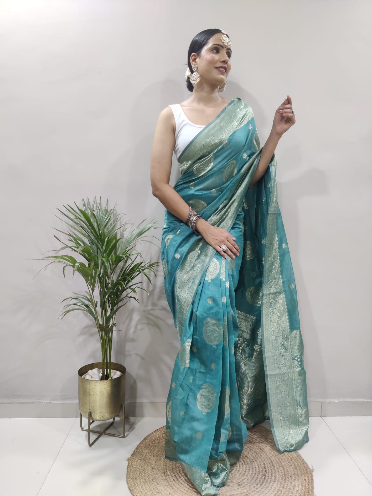 One Minute Ready To Wear Cobalt Sari Floral Banarasi Silk Saree