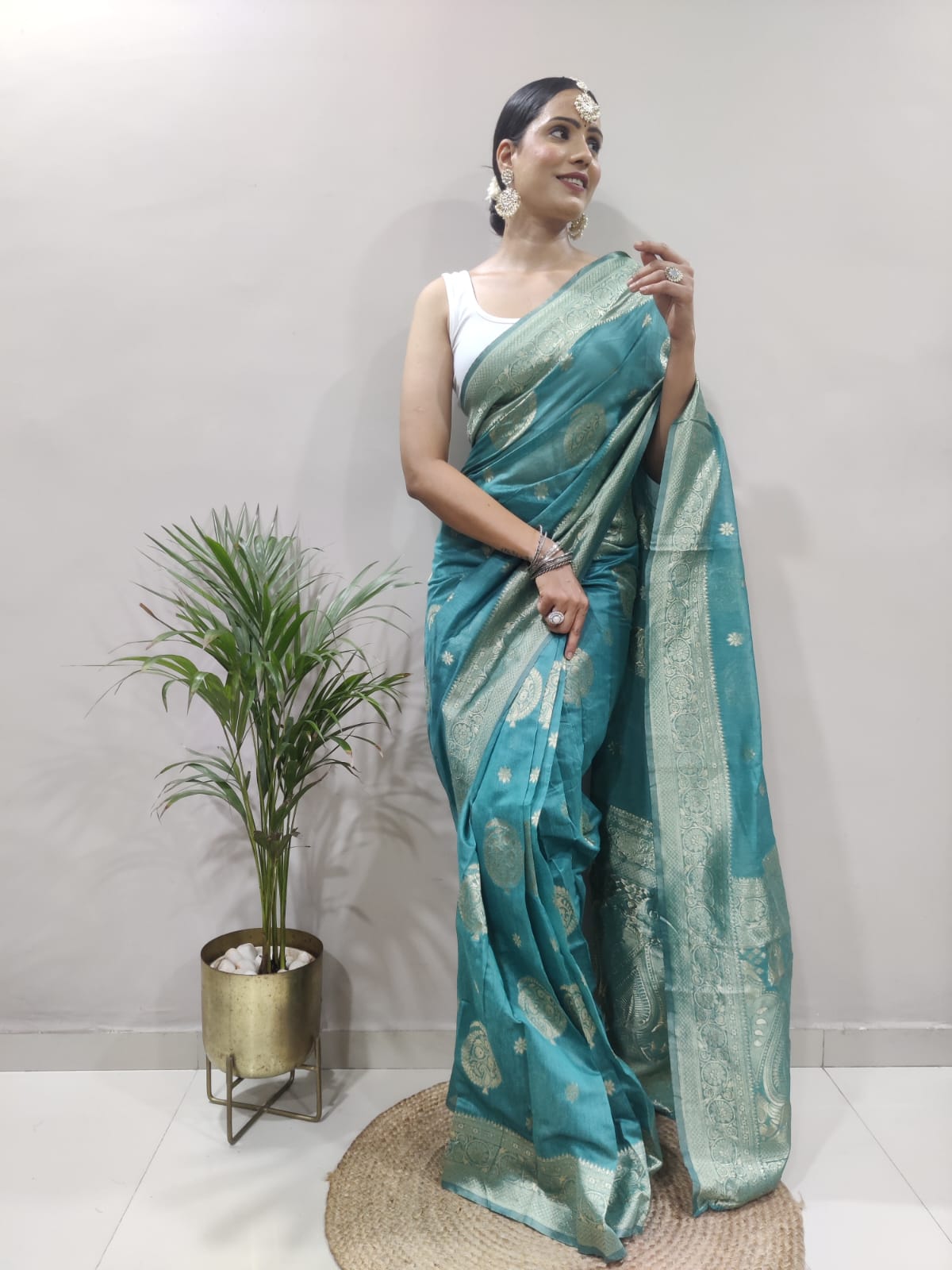 One Minute Ready To Wear Cobalt Sari Floral Banarasi Silk Saree