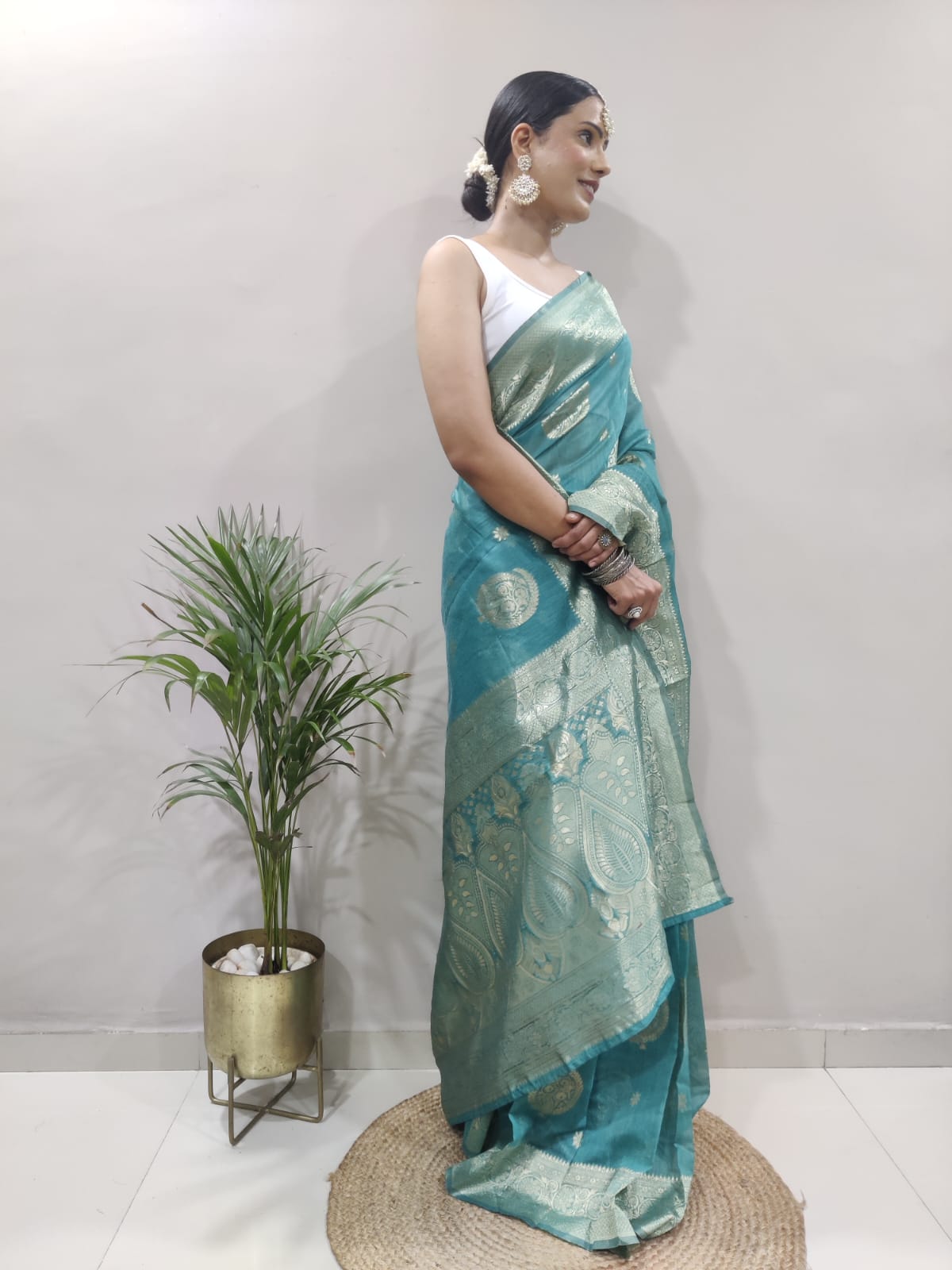 One Minute Ready To Wear Cobalt Sari Floral Banarasi Silk Saree