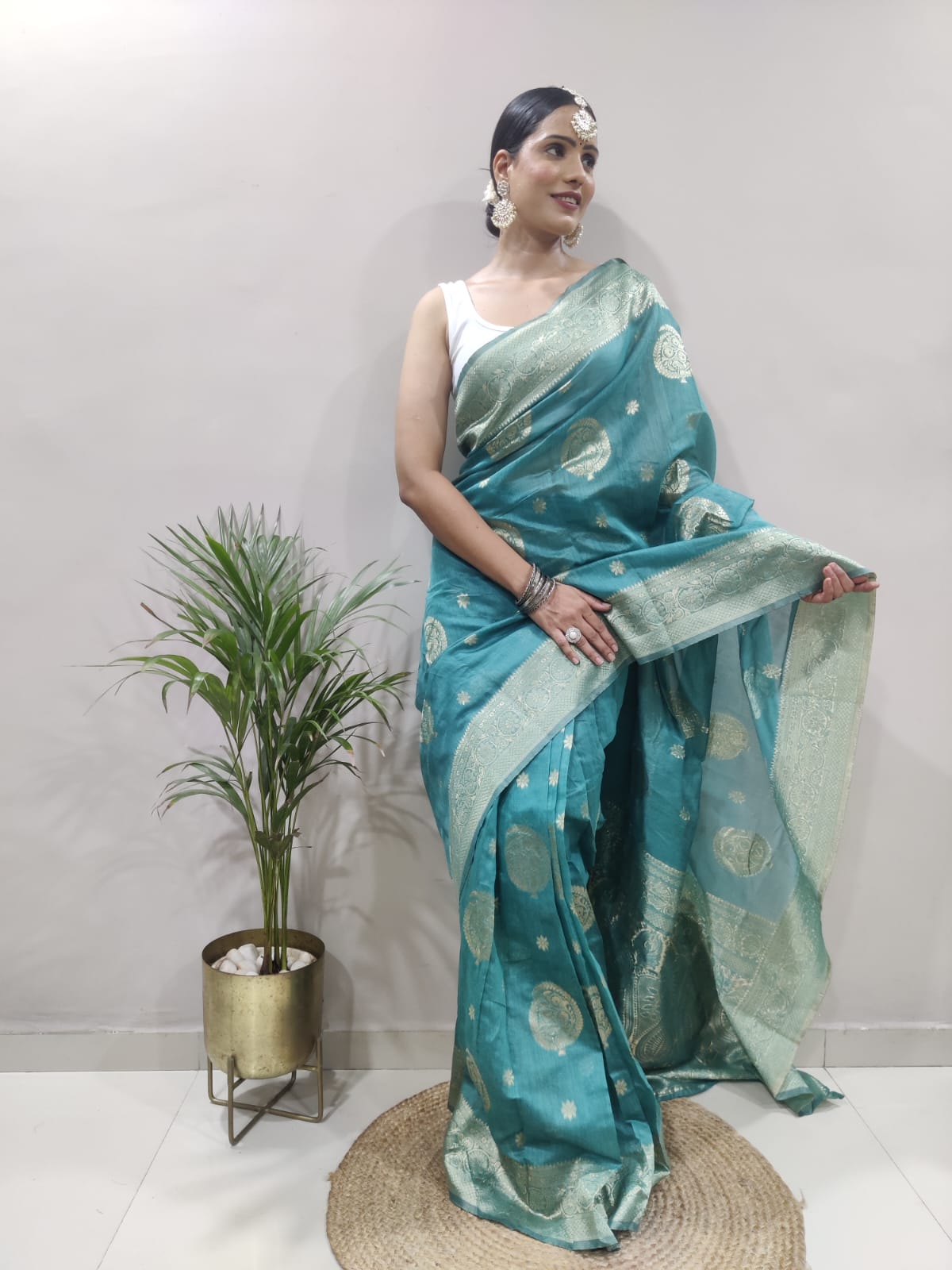 One Minute Ready To Wear Cobalt Sari Floral Banarasi Silk Saree