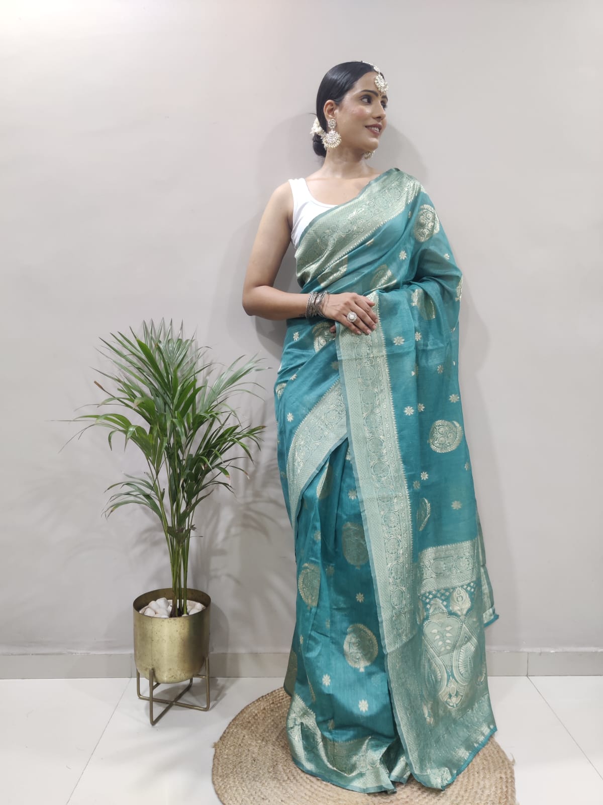 One Minute Ready To Wear Cobalt Sari Floral Banarasi Silk Saree