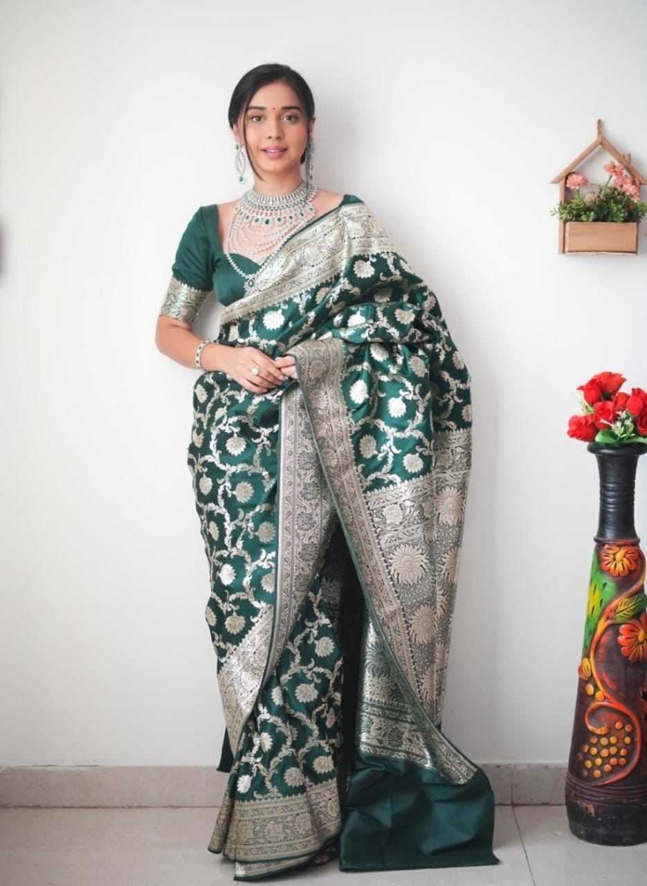 One Minute Ready To Wear Emerald Elegance Pure Soft Banarasi Silk Saree