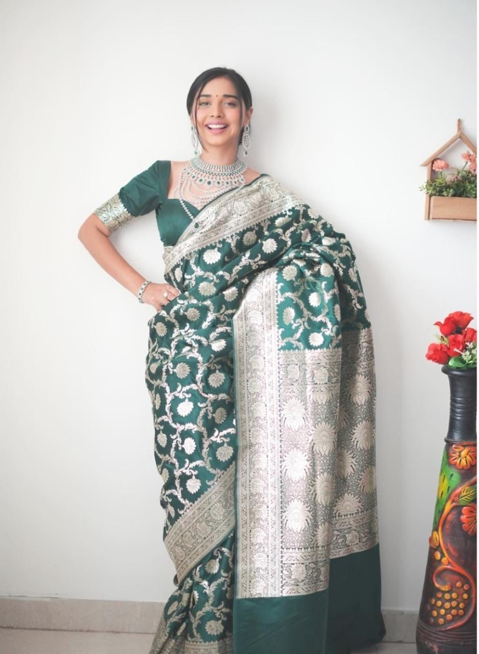 One Minute Ready To Wear Emerald Elegance Pure Soft Banarasi Silk Saree