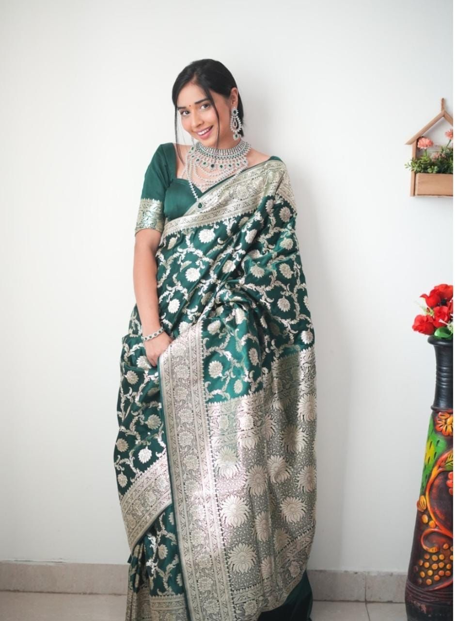 One Minute Ready To Wear Emerald Elegance Pure Soft Banarasi Silk Saree