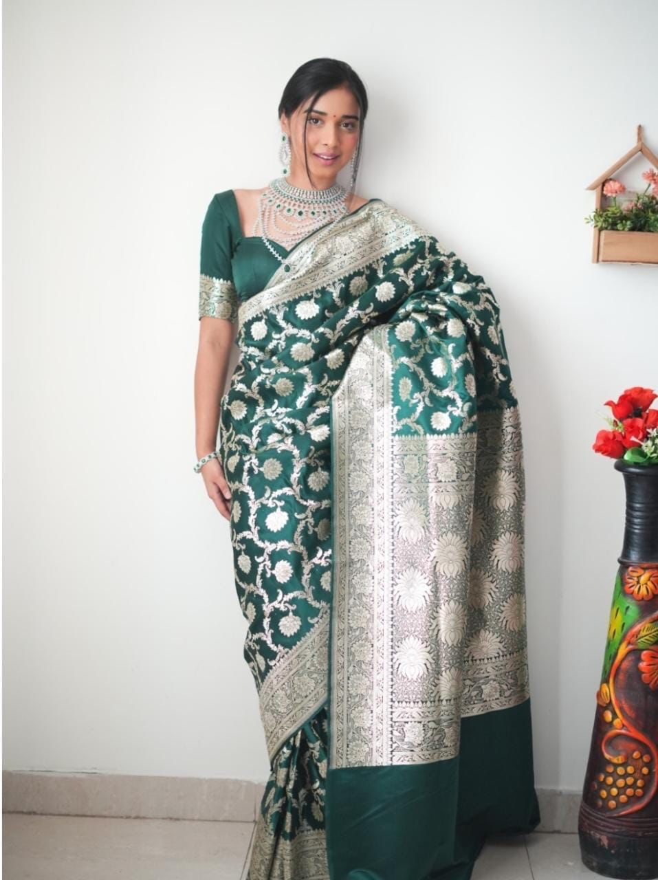 One Minute Ready To Wear Emerald Elegance Pure Soft Banarasi Silk Saree