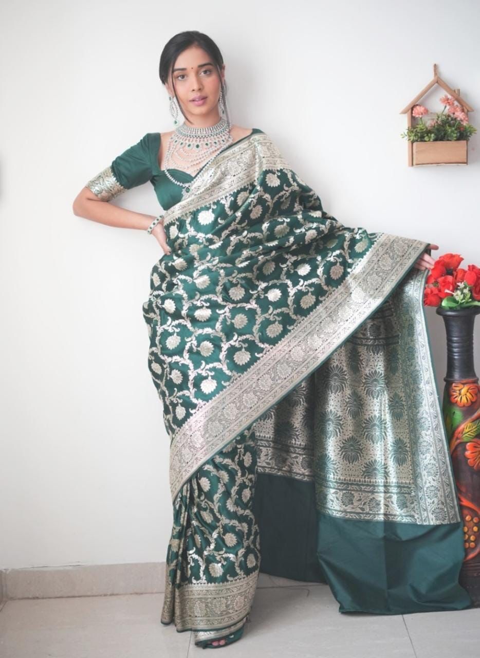 One Minute Ready To Wear Emerald Elegance Pure Soft Banarasi Silk Saree