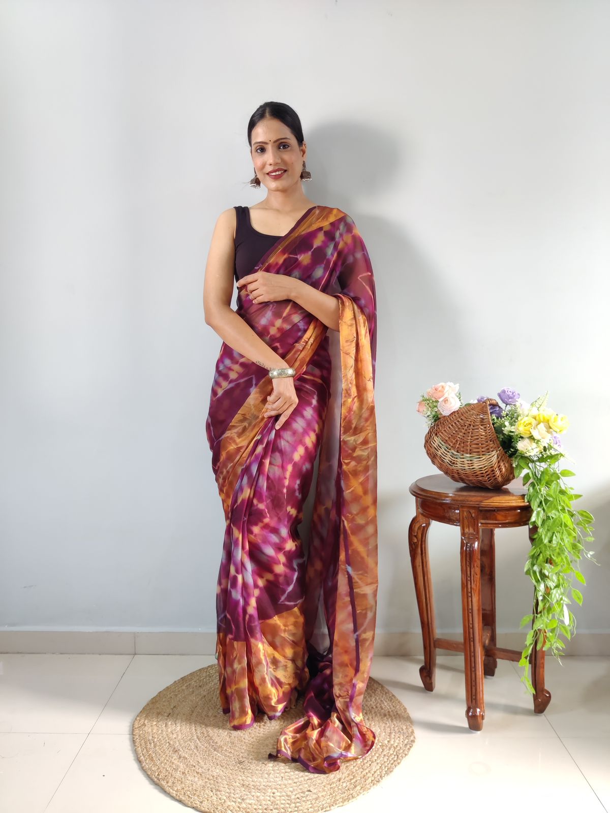 One Minute Ready To Wear VioletSun Floral Pure Soft Georgette Silk Saree