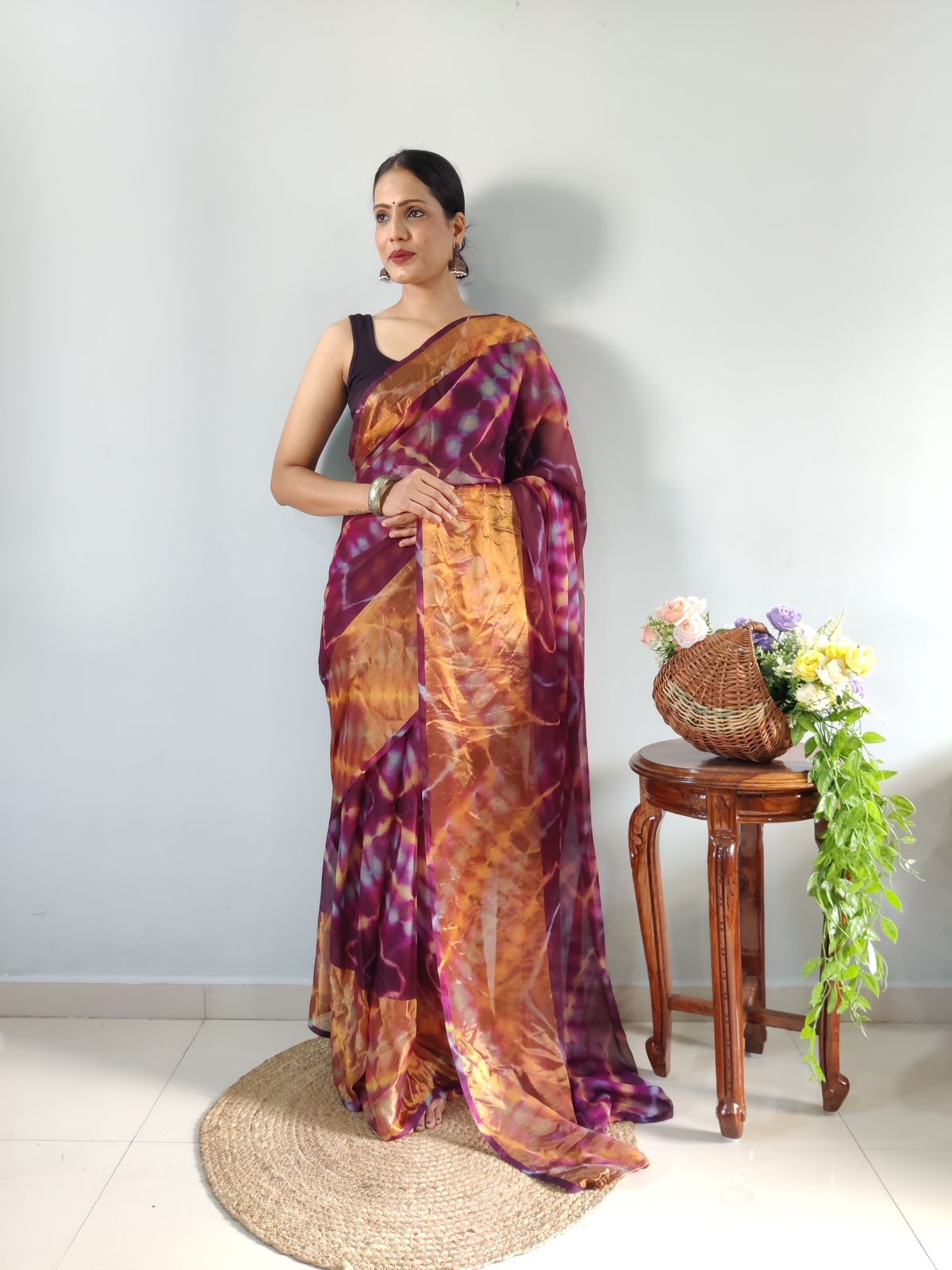 One Minute Ready To Wear VioletSun Floral Pure Soft Georgette Silk Saree