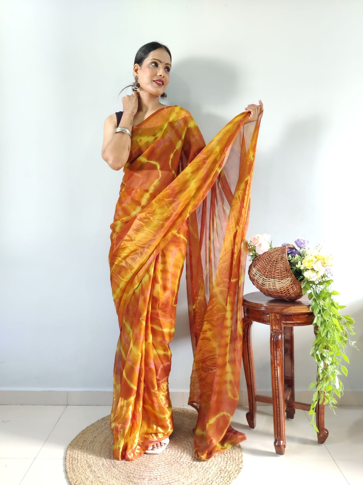 One Minute Ready To Wear Golden Harvest Floral Pure Soft Georgette Silk Saree