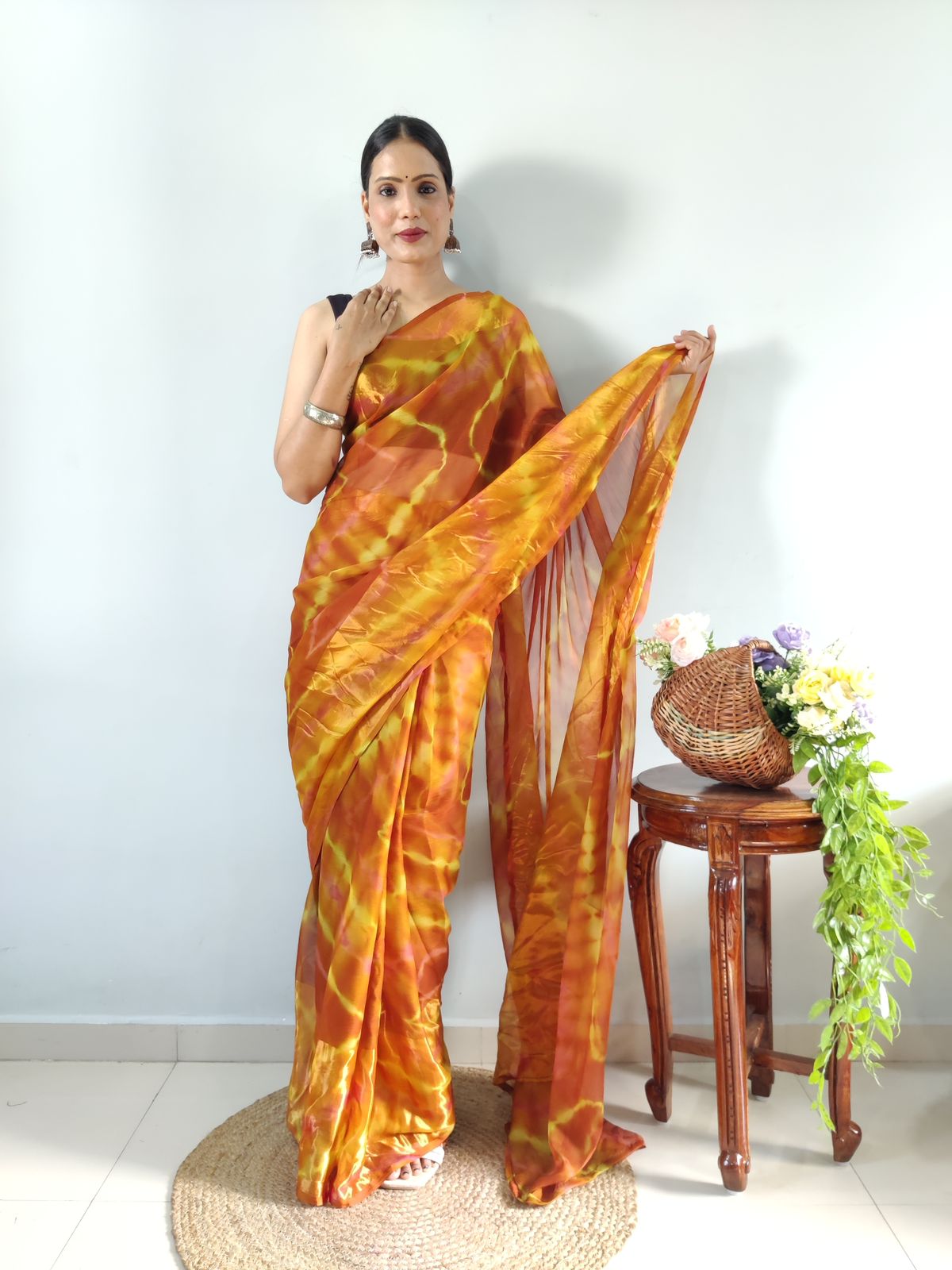 One Minute Ready To Wear Golden Harvest Floral Pure Soft Georgette Silk Saree