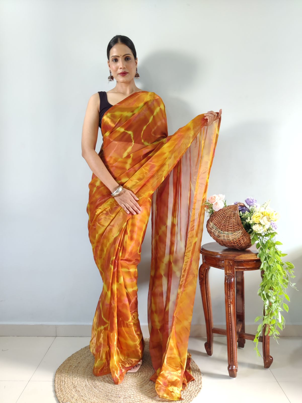 One Minute Ready To Wear Golden Harvest Floral Pure Soft Georgette Silk Saree