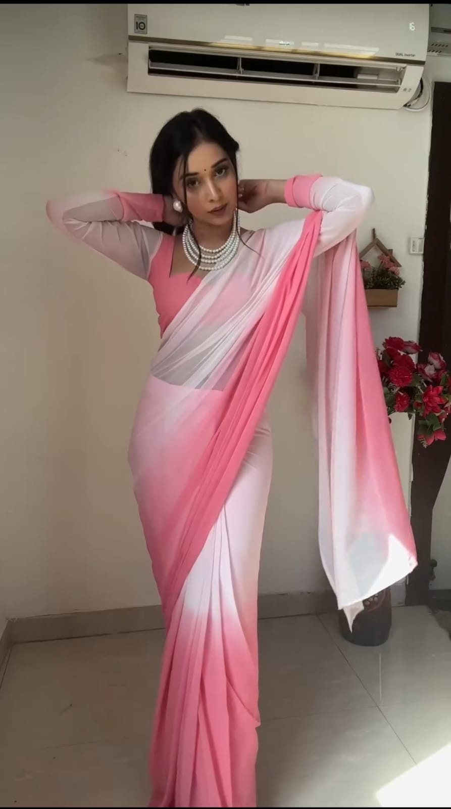 One Minute Ready To Wear Pink Champagne Glamour Georgette Silk Saree