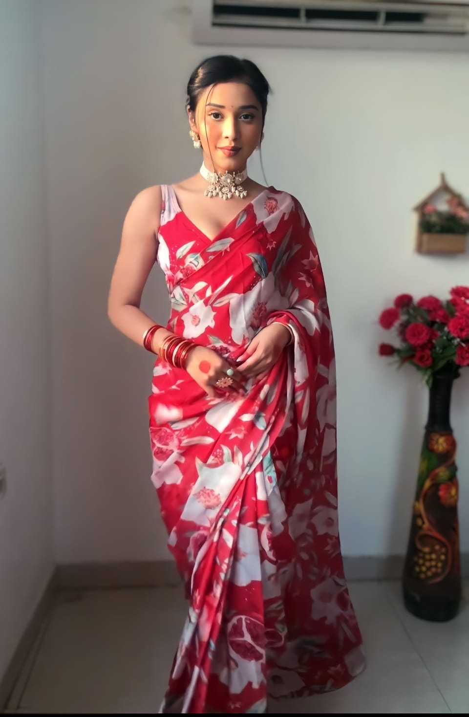 One Minute Ready To Wear Ruby Scarlet Grace Georgette Silk Saree