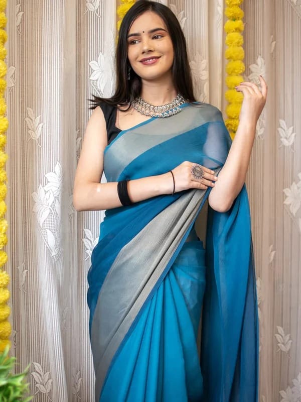 One Minute Ready To Wear Denim and Dove Siffon Silk Saree