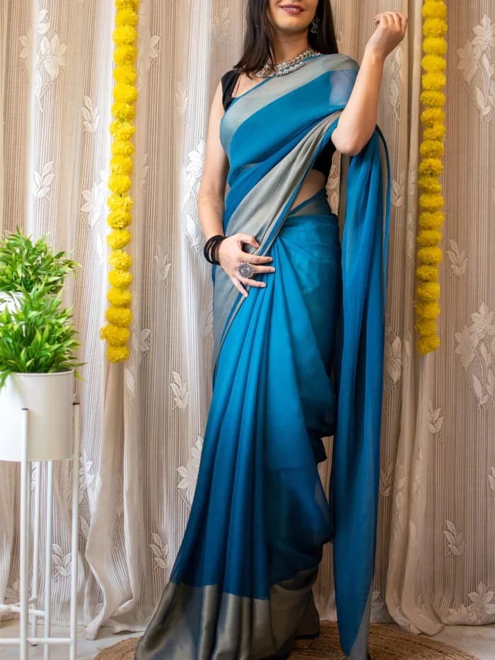 One Minute Ready To Wear Denim and Dove Siffon Silk Saree