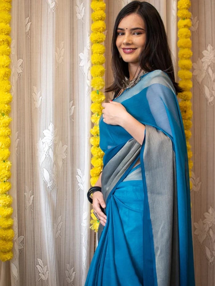 One Minute Ready To Wear Denim and Dove Siffon Silk Saree