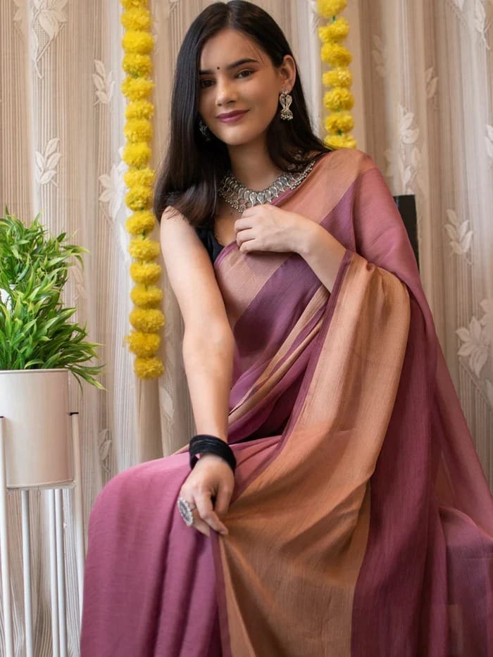 One Minute Ready To Wear Cobalt Draped Siffon Silk Saree