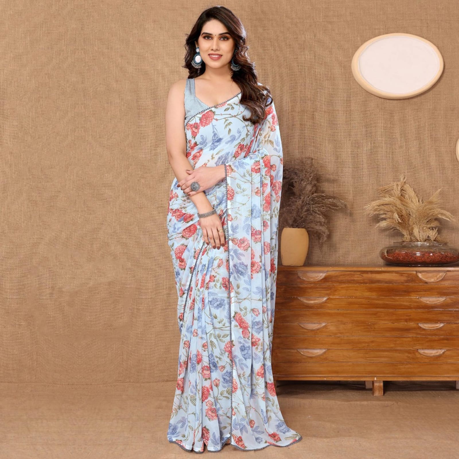 One Minute Ready To Wear Oceanic Blossom  Pure Soft Georgette Silk Saree