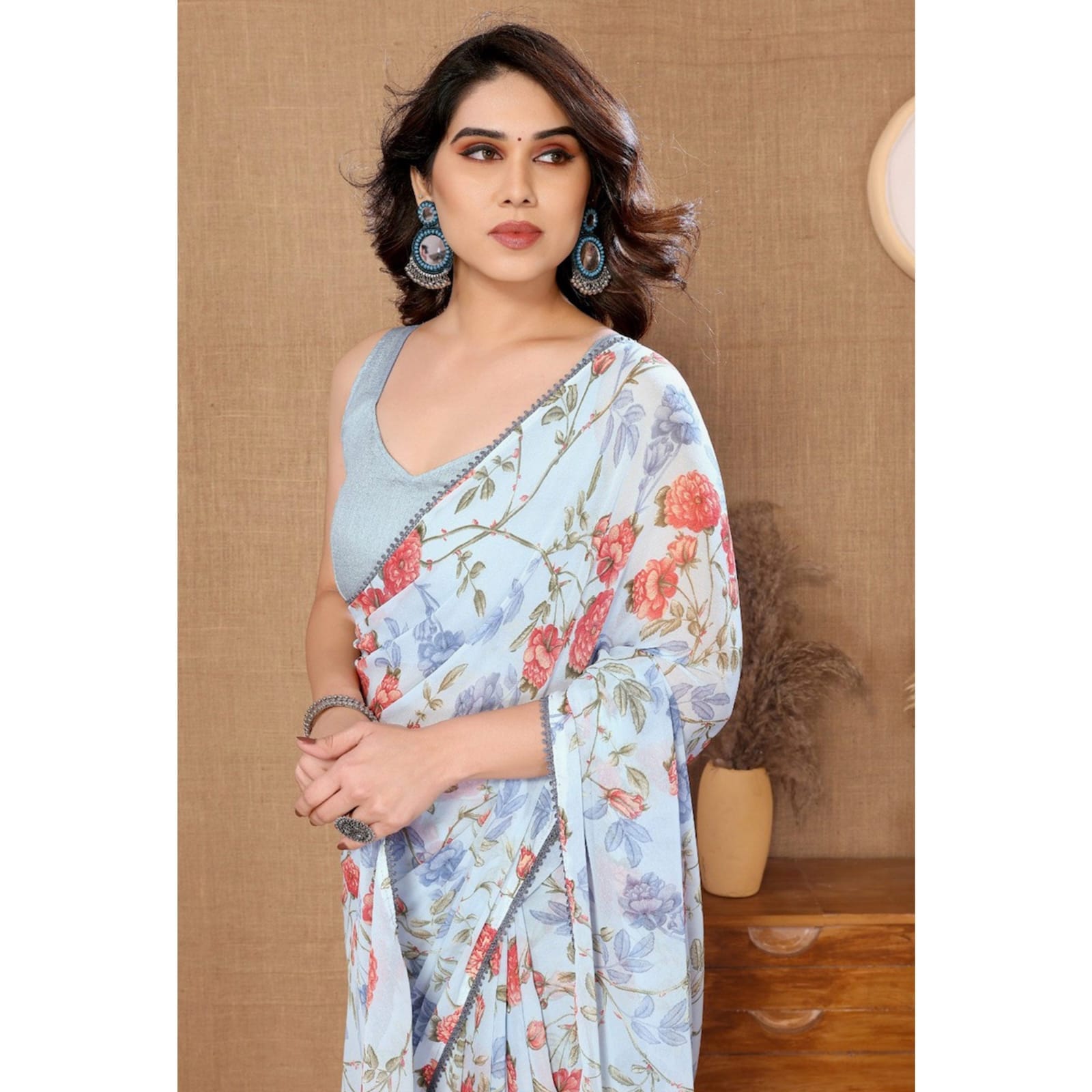 One Minute Ready To Wear Oceanic Blossom  Pure Soft Georgette Silk Saree