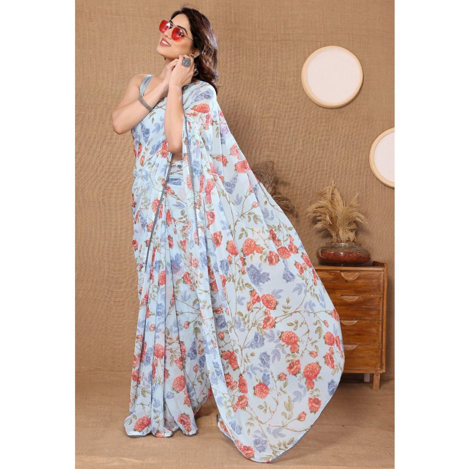 One Minute Ready To Wear Oceanic Blossom  Pure Soft Georgette Silk Saree