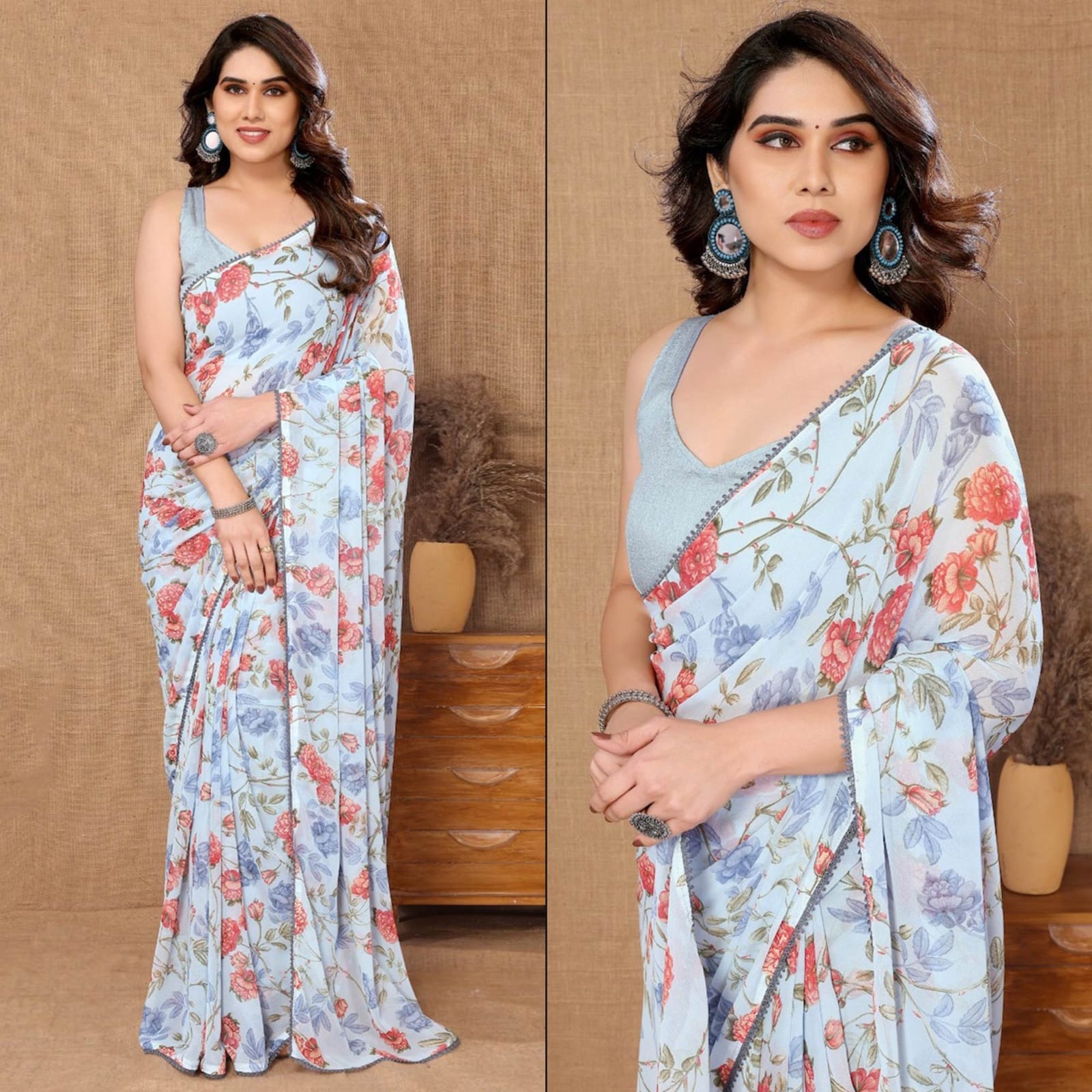 One Minute Ready To Wear Oceanic Blossom  Pure Soft Georgette Silk Saree