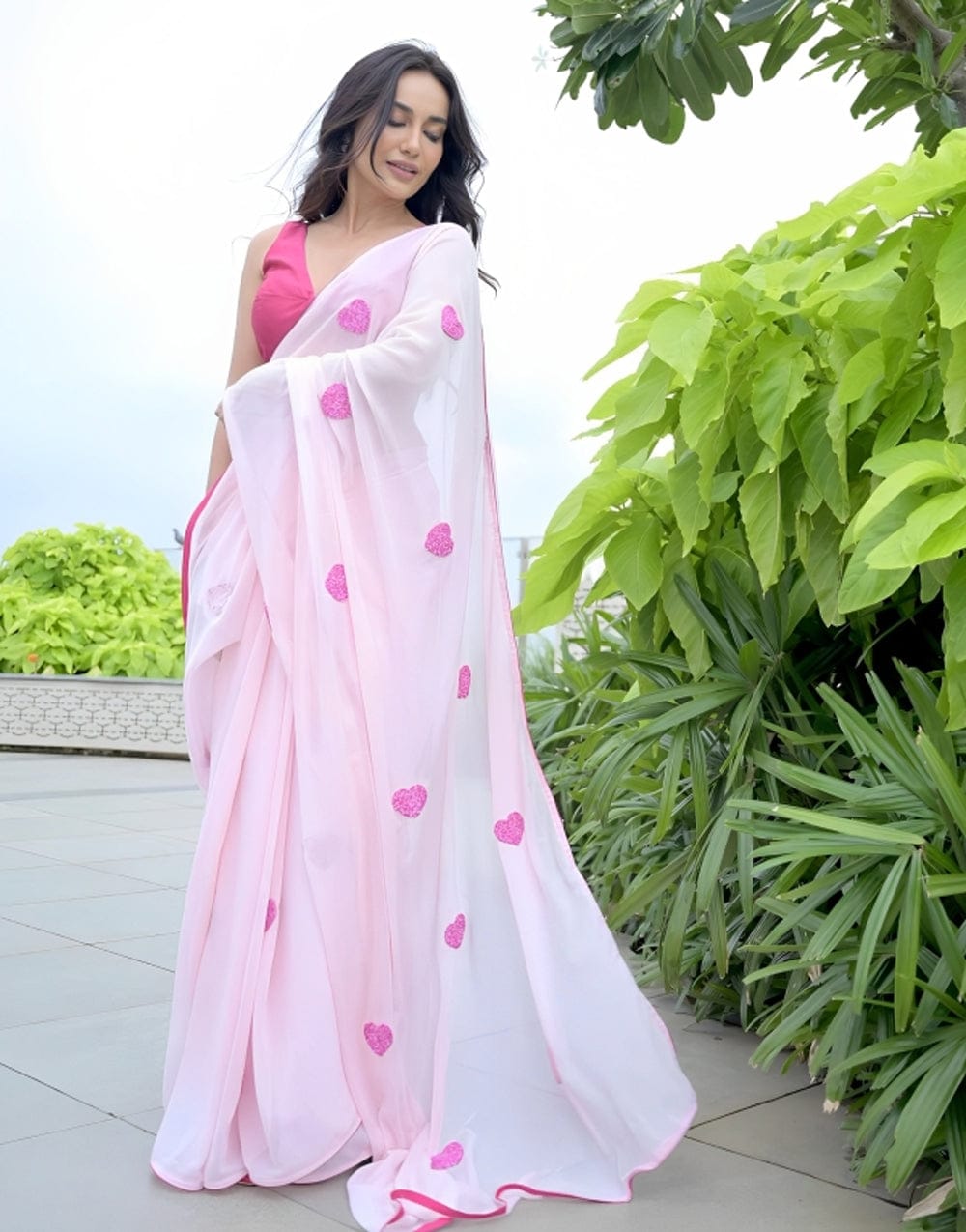 One Minute Ready To Wear Rose Heart Adorned Pure Soft Georgette Silk Saree