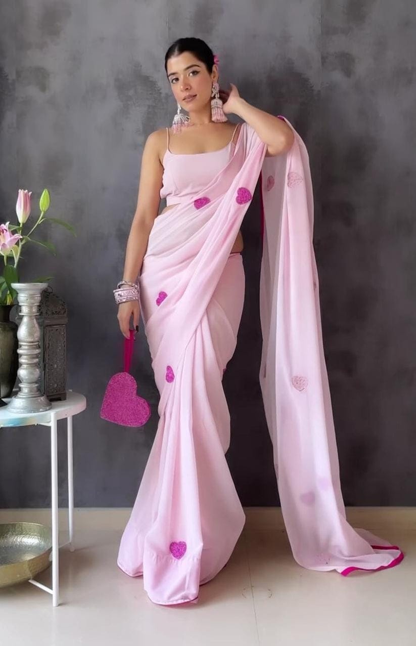 One Minute Ready To Wear Rose Heart Adorned Pure Soft Georgette Silk Saree