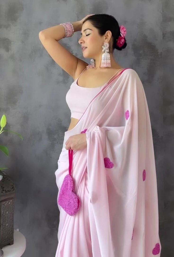 One Minute Ready To Wear Rose Heart Adorned Pure Soft Georgette Silk Saree