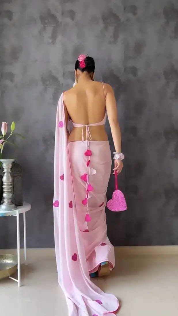 One Minute Ready To Wear Rose Heart Adorned Pure Soft Georgette Silk Saree