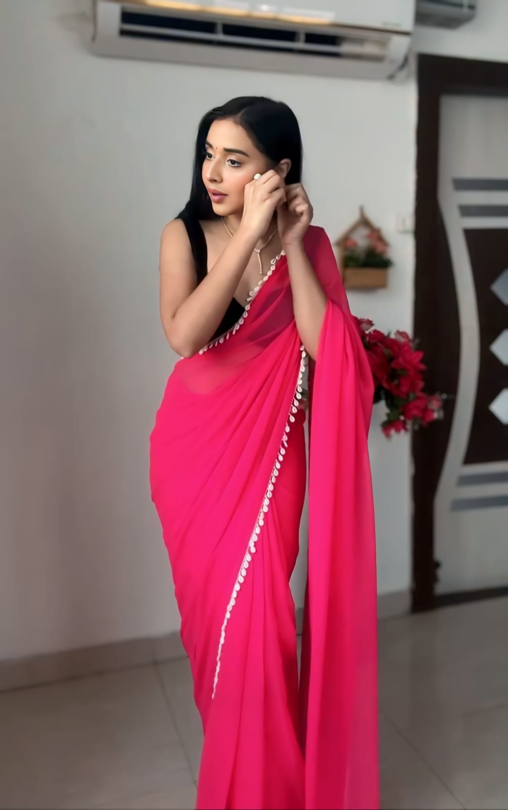 One Minute Ready To Pink Petal Ascend Attire Pure Soft Georgette Silk Saree