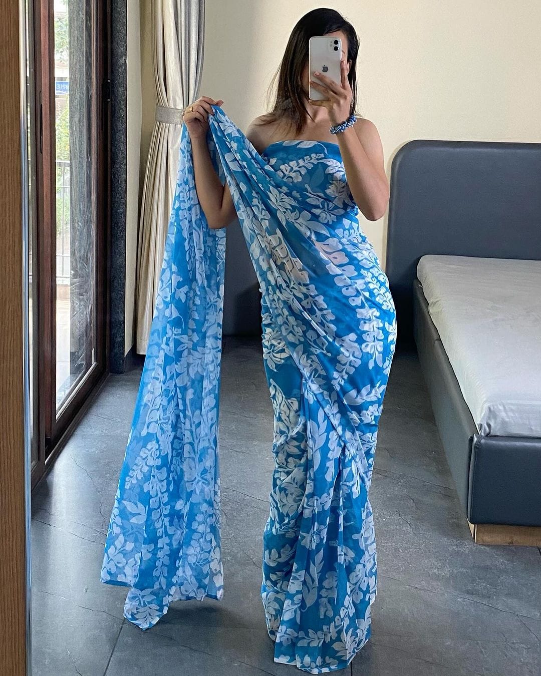 One Minute Ready To Majestic Blue&nbsp;Grass Pure Soft Georgette Silk Saree