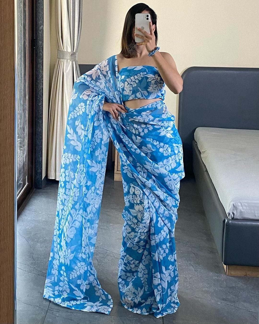 One Minute Ready To Majestic Blue&nbsp;Grass Pure Soft Georgette Silk Saree