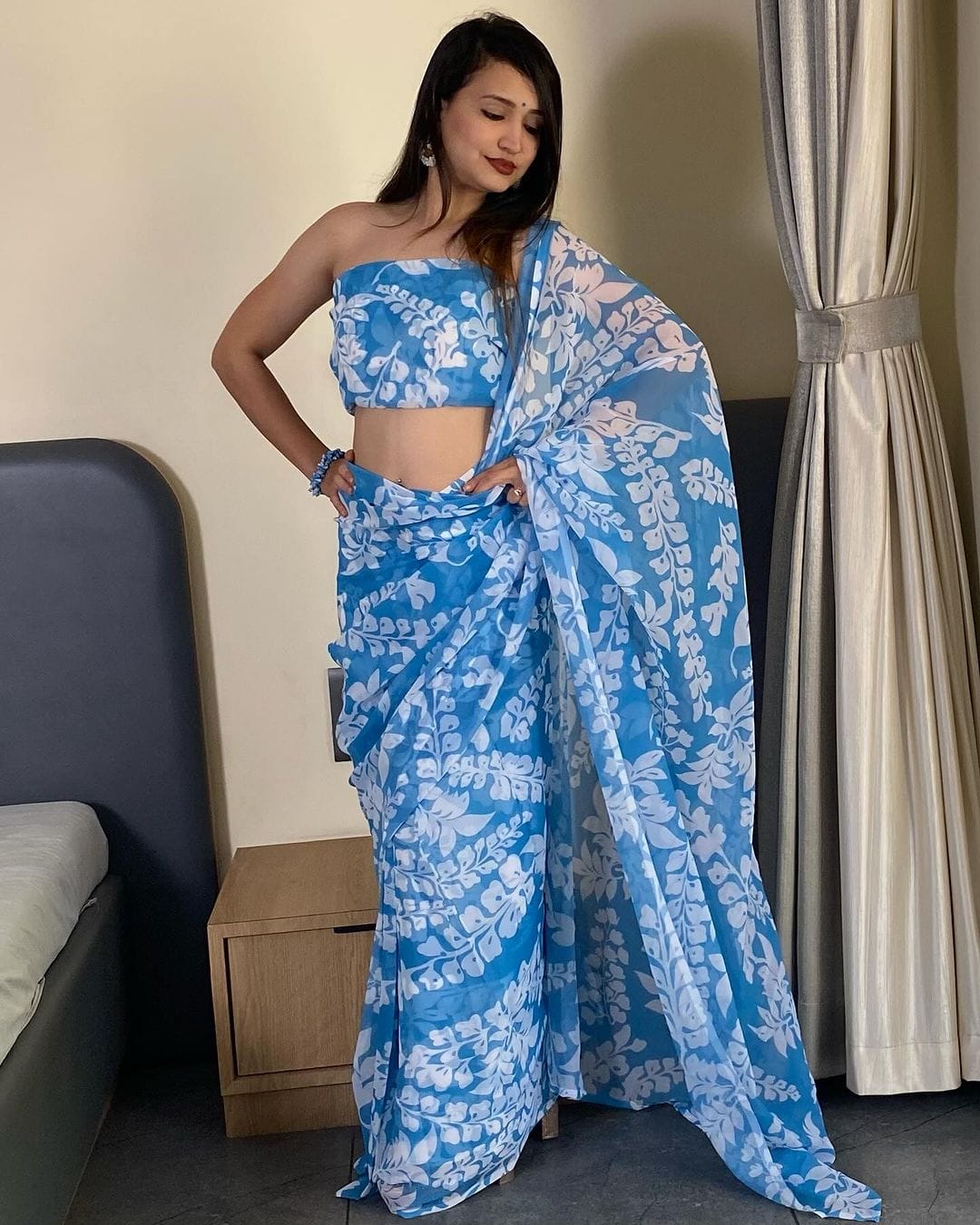 One Minute Ready To Majestic Blue&nbsp;Grass Pure Soft Georgette Silk Saree