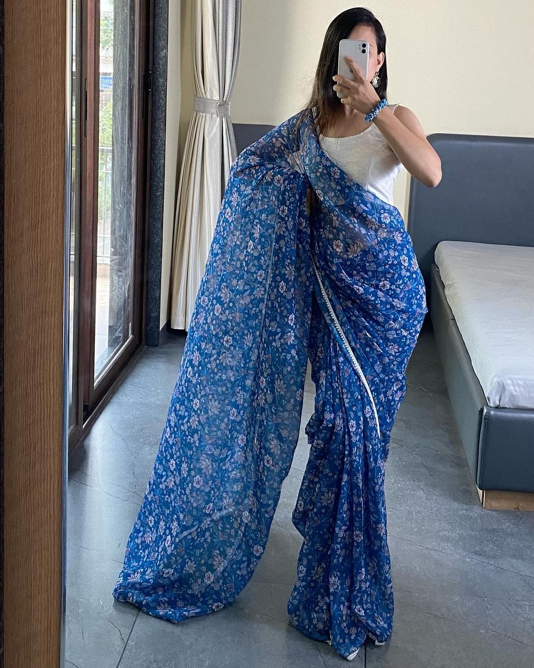 One Minute Ready To Blue Grass&nbsp Pure Soft Georgette Silk Saree